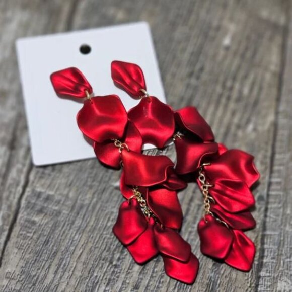 Red Rose Petal Long Earrings - Picture 2 of 4